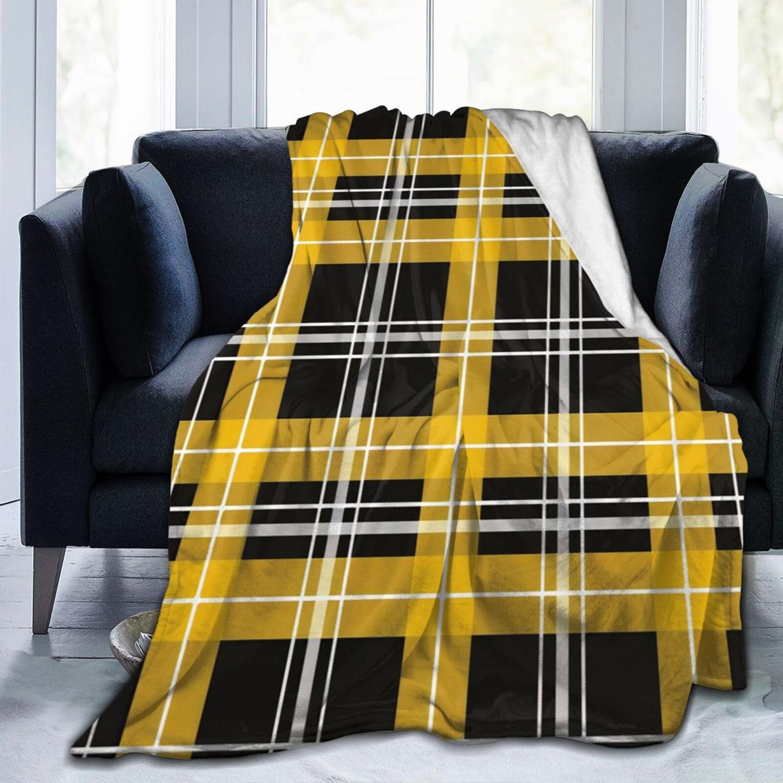 View 1 of **wash before use**HSYOYO Yellow Black Plaid Throw Blanket Fluffy Fleece Blankets Soft Lightweight Travel Blanket Indoor Outdoor Blanket for Couch Sofa Bed 40"x30"