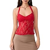 Women Lace Crop Tank Tops Lace See Through Backless Tie-Up Halter Going Out Tops Sleeveless Cami Shirts Streetwear