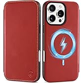 SHIELDON Wallet Case for iPhone 16 Pro Max, Genuine Leather Slim Folio Magnetic Wireless Charging RFID Blocking Card Holder Protective Phone Cover Compatible with iPhone 16 Pro Max 6.9" - Retro Red