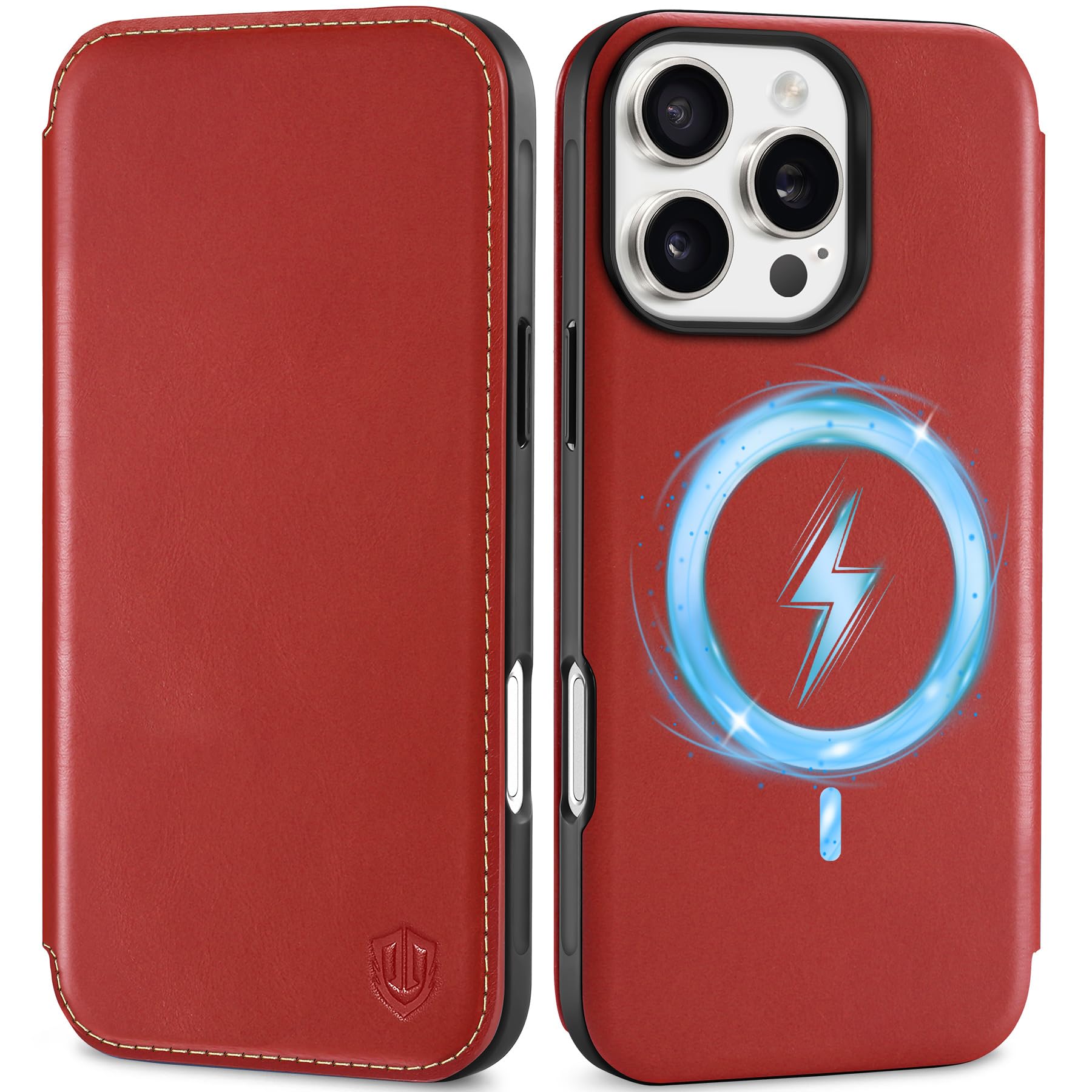 Photo 1 of SHIELDON Wallet Case for iPhone 16 Pro Max, Genuine Leather Slim Folio Magnetic Wireless Charging RFID Blocking Card Holder Protective Phone Cover Compatible with iPhone 16 Pro Max 6.9" - Retro Red
