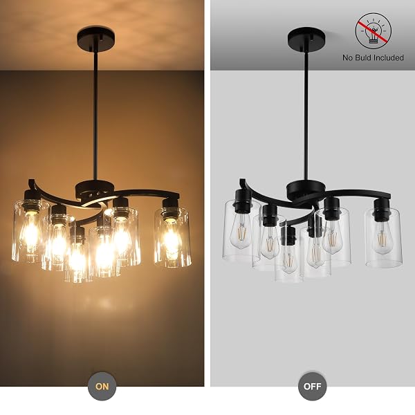CNRATYE 6-LIGHT MODERN FARMHOUSE BLACK CHANDELIER, CONTEMPORARY DINING ROOM LIGHT FIXTURE, ADJUSTABLE HEIGHT HANGING INDUSTRIAL PENDANT LIGHTS KITCHEN ISLAND, CLEAR GLASS SHADE