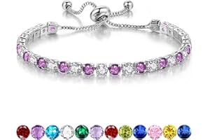 SFONI Birthstone Bracelet for Women, Silver Tennis Bracelets with Cubic Zirconia Adjustable Slider Bracelet Birthday Mother's Day Graduation Gifts for Her Mom Wife Girlfriend