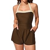 Smismivo Swim Romper Halter Tummy Control One Piece Swismuit with Shorts and Pockets Women Bathing Suits Padded Swimwear
