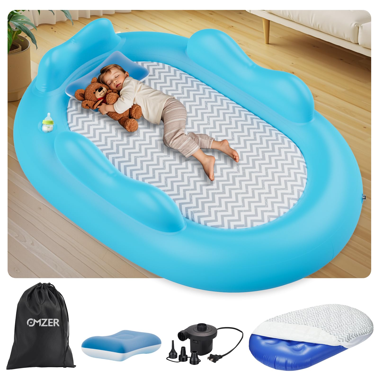 Photo 1 of Inflatable Toddler Travel Bed - Blow Up Mattress Oval Toddler Air Mattress with Waterproof Sheet - Portable Kids Air Mattress with 3 Sides Bumpers for Sleeping Camping Traveling(Blue)
