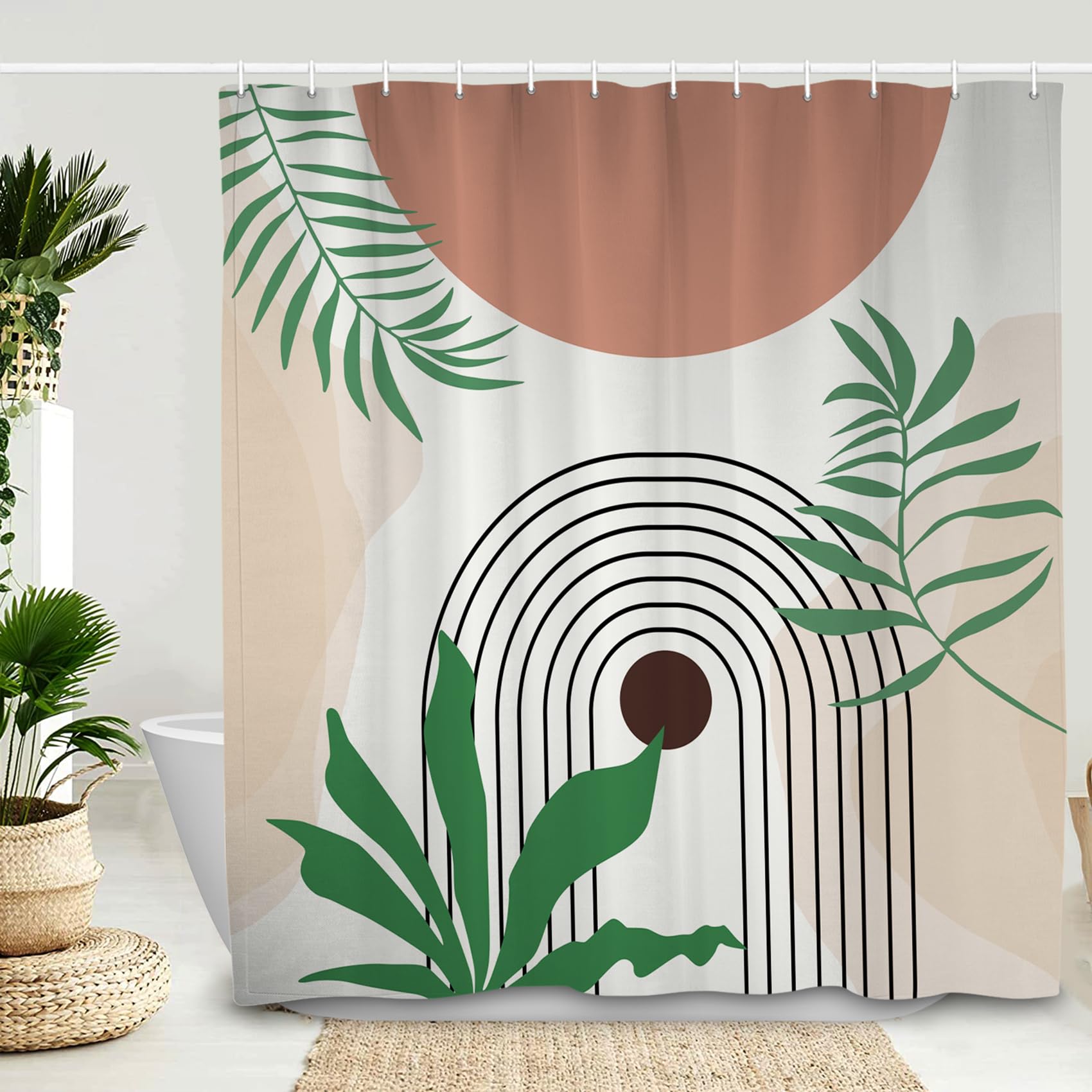 Ttincceer 152x183cm Abstract Shower Curtain Green Tropical Plant Leaves Palm Leaf Bathroom Curtain Abstract Rainbow Sun Shower Curtains Waterproof Bathtub Curtain