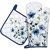 Arquiel Blue Watercolor Flower Oven Mitts and Pot Holders Sets 100% Cotton Heat Resistant, Extra Long Oven Gloves Potholder for Kitchen Cooking Baking Housewarming