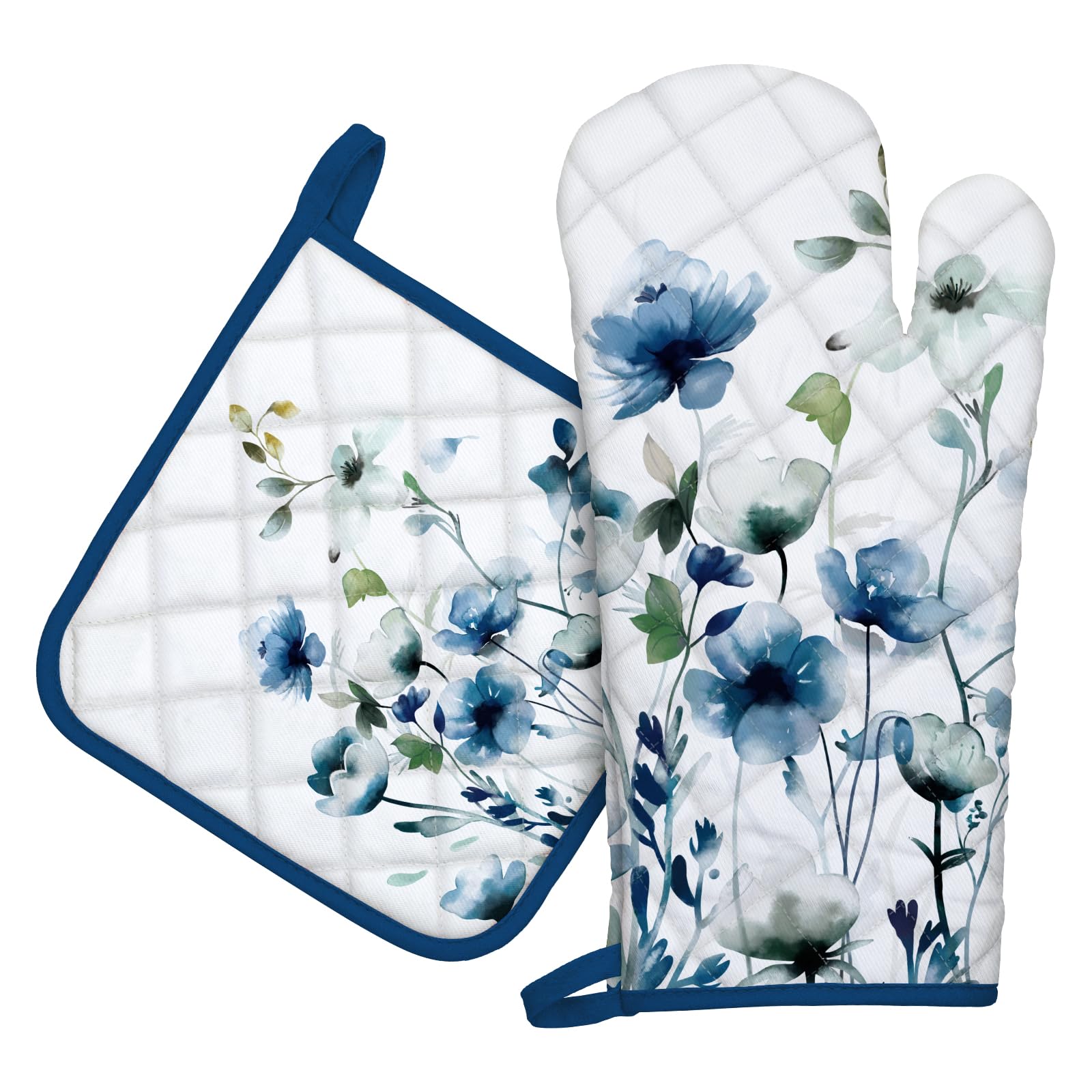 Arquiel Blue Flower Oven Mitts and Pot Holders -100% Cotton, Heat Resistant Extra Long Oven Gloves & Hot Pads for Cooking BBQ Grilling Baking Gift, Set of 2