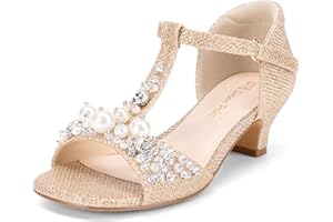 DREAM PAIRS Girls Sandals Ankle Strap T-Strap Low Heel Pearl Bow Flower Pump Dress Wedding Party Shoes for Little Kid/Big Kid