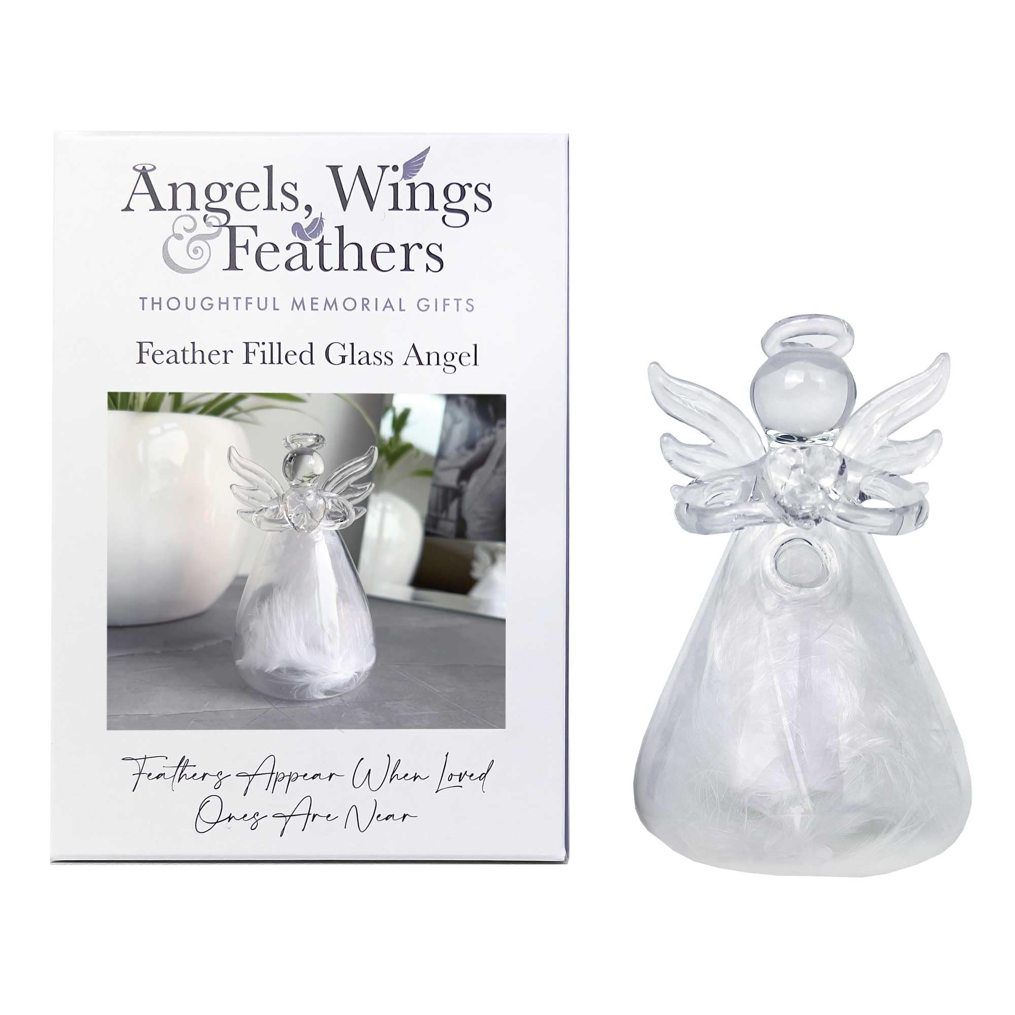 Feather Filled Glass Angel - Thoughtful Memorial Gift | Comforting Remembrance Keepsake for Friends and Loved Ones | Sympathy and Condolence Gesture | 8.5cm Height