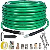 Hourleey Sewer Jetter Kit for Pressure Washer 50FT, 4000 PSI Drain Cleaner Hose 1/4 Inch NPT, Corner Rotating and Button Hose Sewer Jetting Nozzle Pearl Corsage Pin Tape Handle Strap Spanner, Green