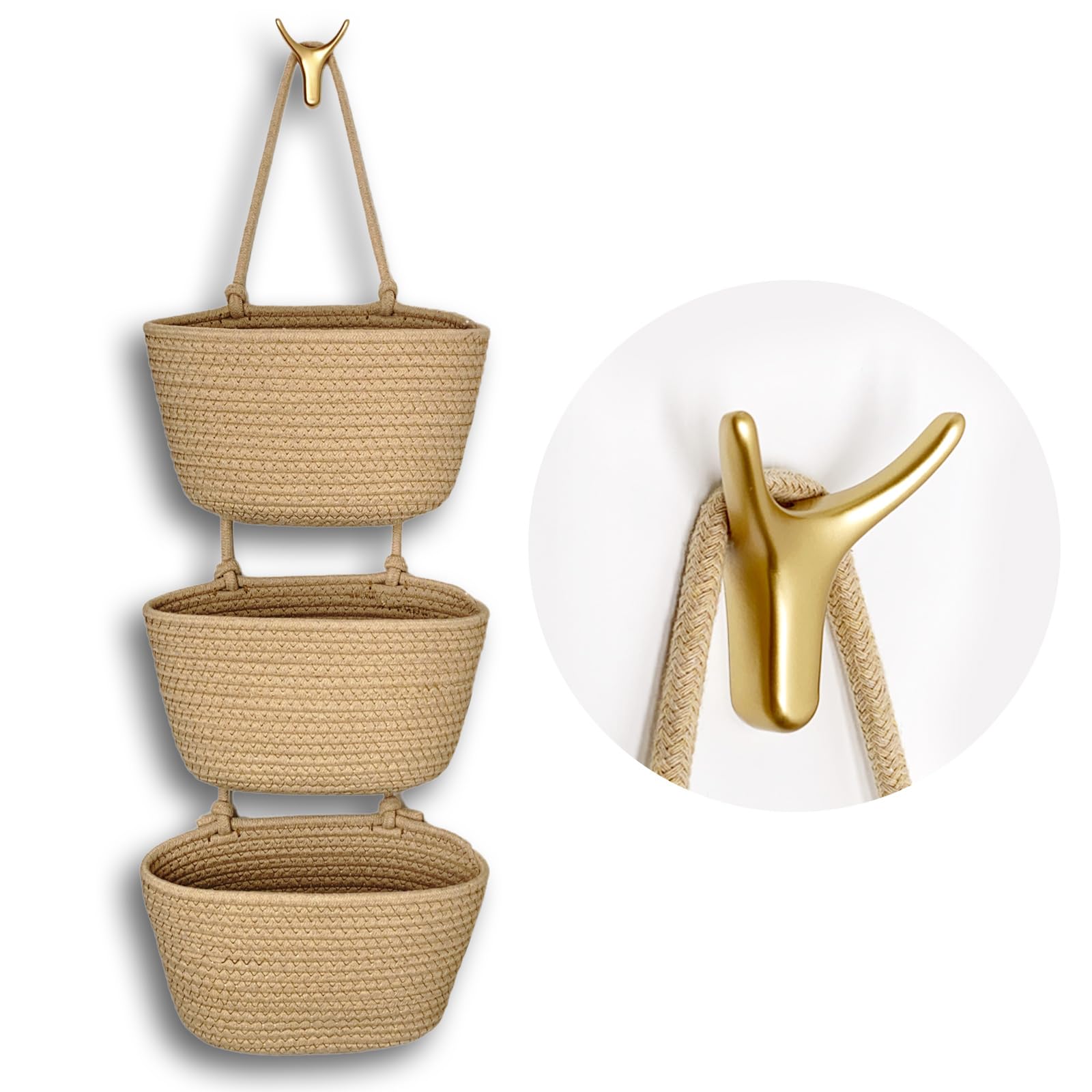 Photo 1 of 3-Tier Decorative Cotton Rope Hanging Basket, Wall-Mounted Woven Storage Organizer Bag, Jute
