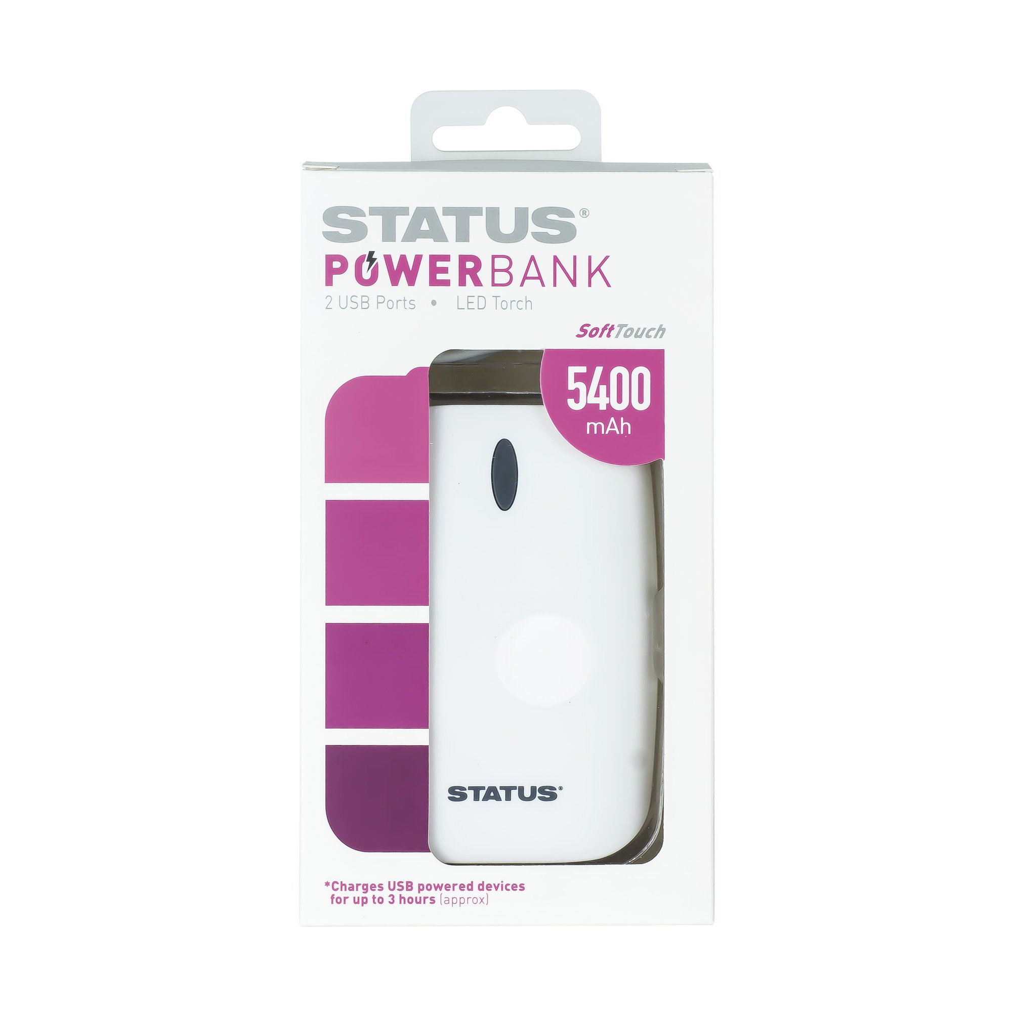 STATUS Power Bank | 2 USB Powerbank 5400mAh | White Phone Charger | SPB5400MAH1PKB12