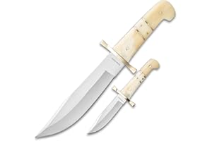 Timber Rattler Camel Bone Bowie Knives and Leather Twin Sheath - Two-Piece Fixed Blade Set, Stainless Steel Blades, Genuine Camel Bone Handles Brass Handguards - Two Bowies for Outdoor Adventures