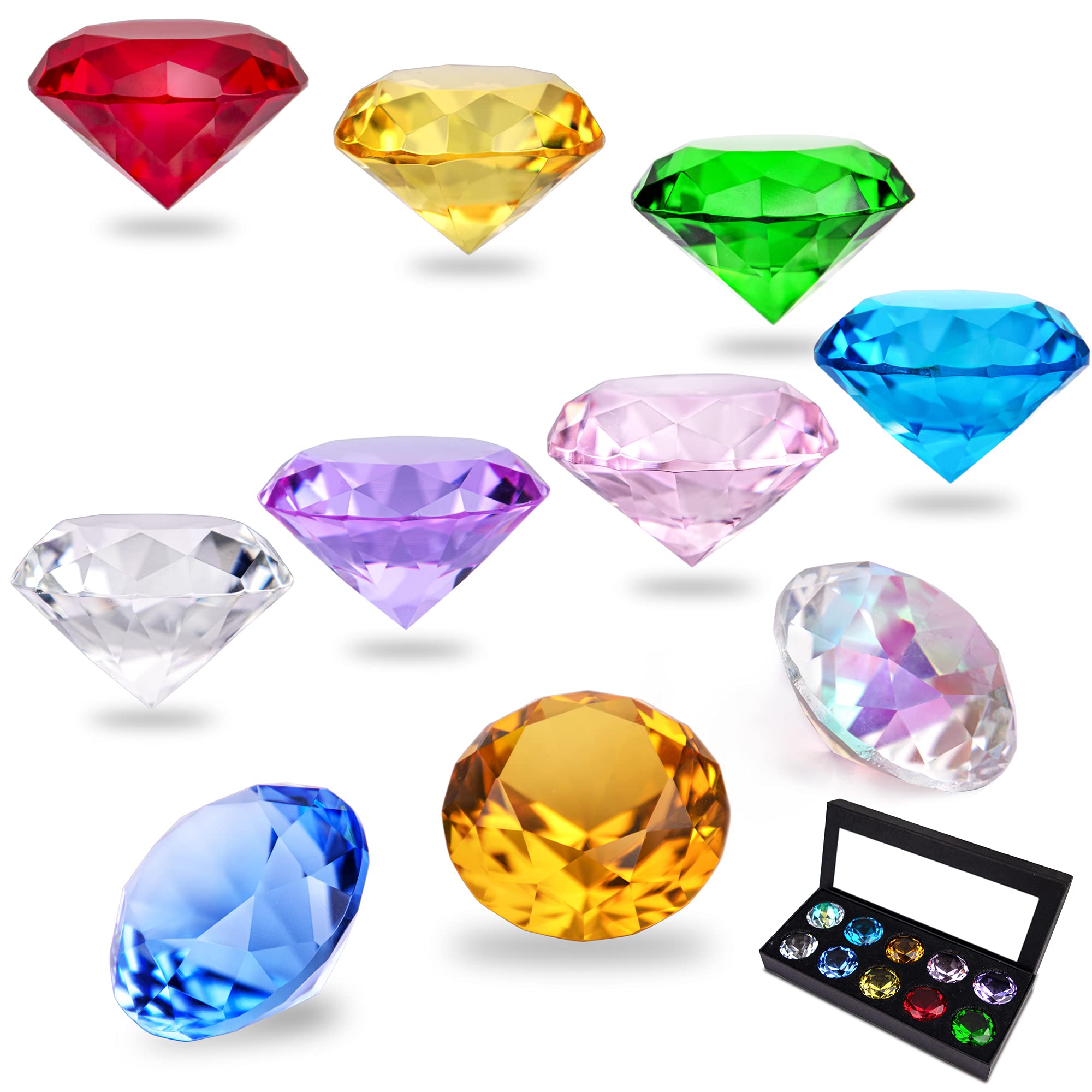 HDCRYSTALGIFTS 40mm(1.5 in) Crystal Diamond Jewels Paperweight Fake Diamonds Table Decoration Party Favors Gift, Glass Paperweight, Valentine's Day Wedding Decoration Pack of 10 (Multicolor)