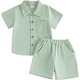 citgeett Toddler Baby Boy Summer Shorts Outfit Button Down Short Sleeve T Shirt Tops and Shorts Summer Clothes Set