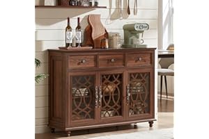 Joaxswe Farmhouse Sideboard Buffet Cabinet with Storage,48" Large Credenza with 3 Glass Doors & 3 Drawers,Adjustable Shelves Console Table,Wood Kitchen Coffee Bar for Dining Room,Living Room,Brown