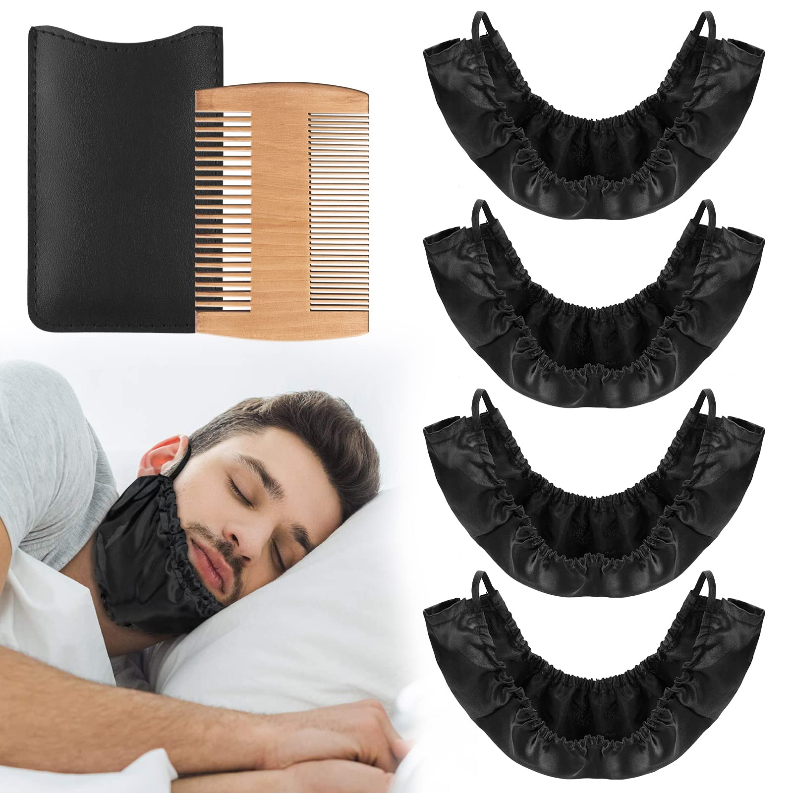 Linkidea 4 Pack Beard Bandana and Facial Beard Comb, XL Size Men Beard Guard Cover, Bedtime Beard Bib Apron Bonnet (Black)