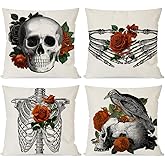 PANDICORN Gothic Skull Halloween Pillow Covers 18x18 Skeleton Hand Raven Crow Vintage Floral Orange Rose Spooky Halloween Decorations Indoor Outdoor Decorative Cushion Cases Set of 4 for Couch Decor