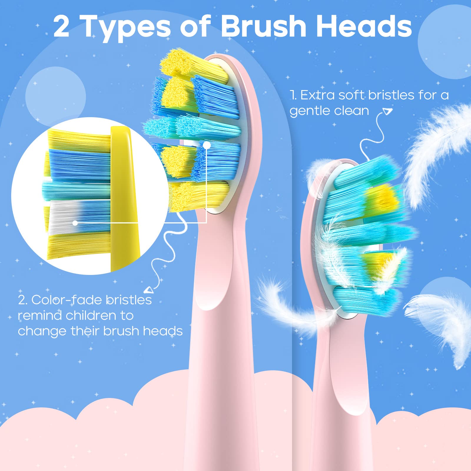 SEAGO Kids Electric Toothbrush, Sonic Soft Bristle Rechargeable Toothbrushes with DIY Stickers, 5 Modes, Includes 4 Replacement Brush Heads, Ages 3 to 12 Years Old (Pink)