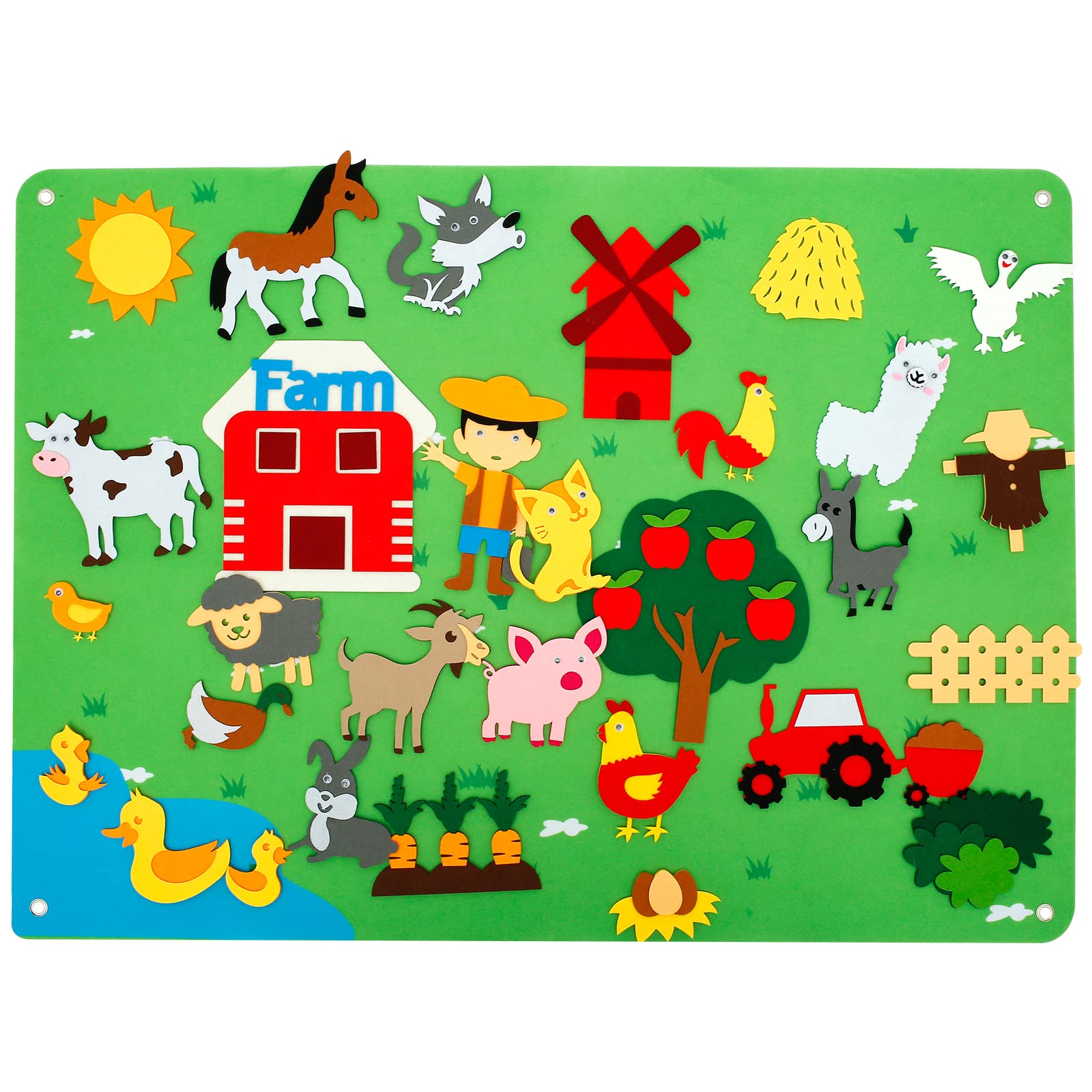 3.5Ft Children's Teaching Felt Board, Farm Animals Fuzzy Felt Story Board Set, Early Learning Interactive Play Set Zoo Flannel Board Educational Hanging Toys for Kids Toddlers Gift(farm,green)