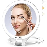 WEILY Magnifying Mirror with Light, 10X/1X Magnification Double-Sided Travel Makeup Mirror, with 3 Color Lights, Touch Control, Rechargeable Portable Mirrors for Bedroom, Bathroom (White)