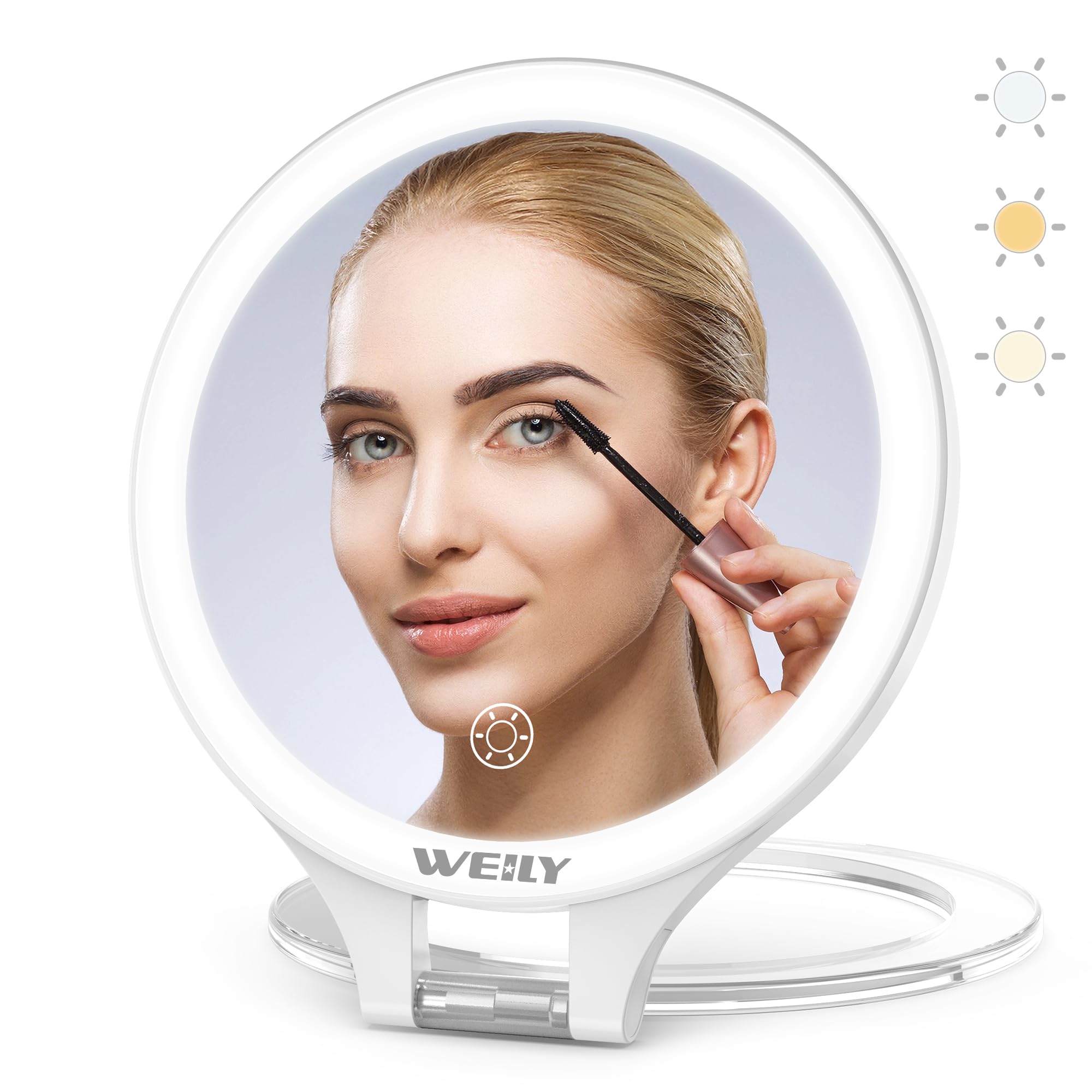 WEILY 10X/1X Magnifying Makeup Mirror with Light, Double Sided Tabletop Portable Vanity Mirror, 3 Color Adjustable Lights, Cosmetic Mirror with Lights for Makeup/Travel
