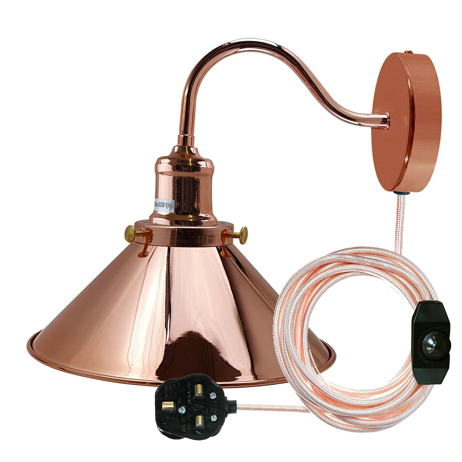 LEDSone Industrial (Rose Gold Wall Sconce with Plug-in Cord, Vintage Metal Shade, Rustic Farmhouse Wall Light with On/Off Switch - Easy Install Wall Mount Lamp for Bedroom, Living Room (Rose Gold)