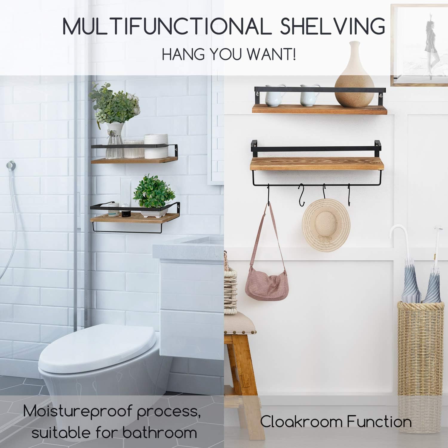 Homcosan Floating Shelves Wall Mounted Storage Bamboo Shelves Wood Towel Shelf with 4 S-Shape Coat Hooks Multifunction Decorations Set of 2 for Bathroom, Kitchen, Living Room, Home(Brown): Furniture & Decor