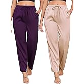 Veseacky Women's 2 Pack Satin Pajama Pants Silky Soft Lounge Pants with Drawstring Waist, Sleep Bottoms for Women(S-XXL)