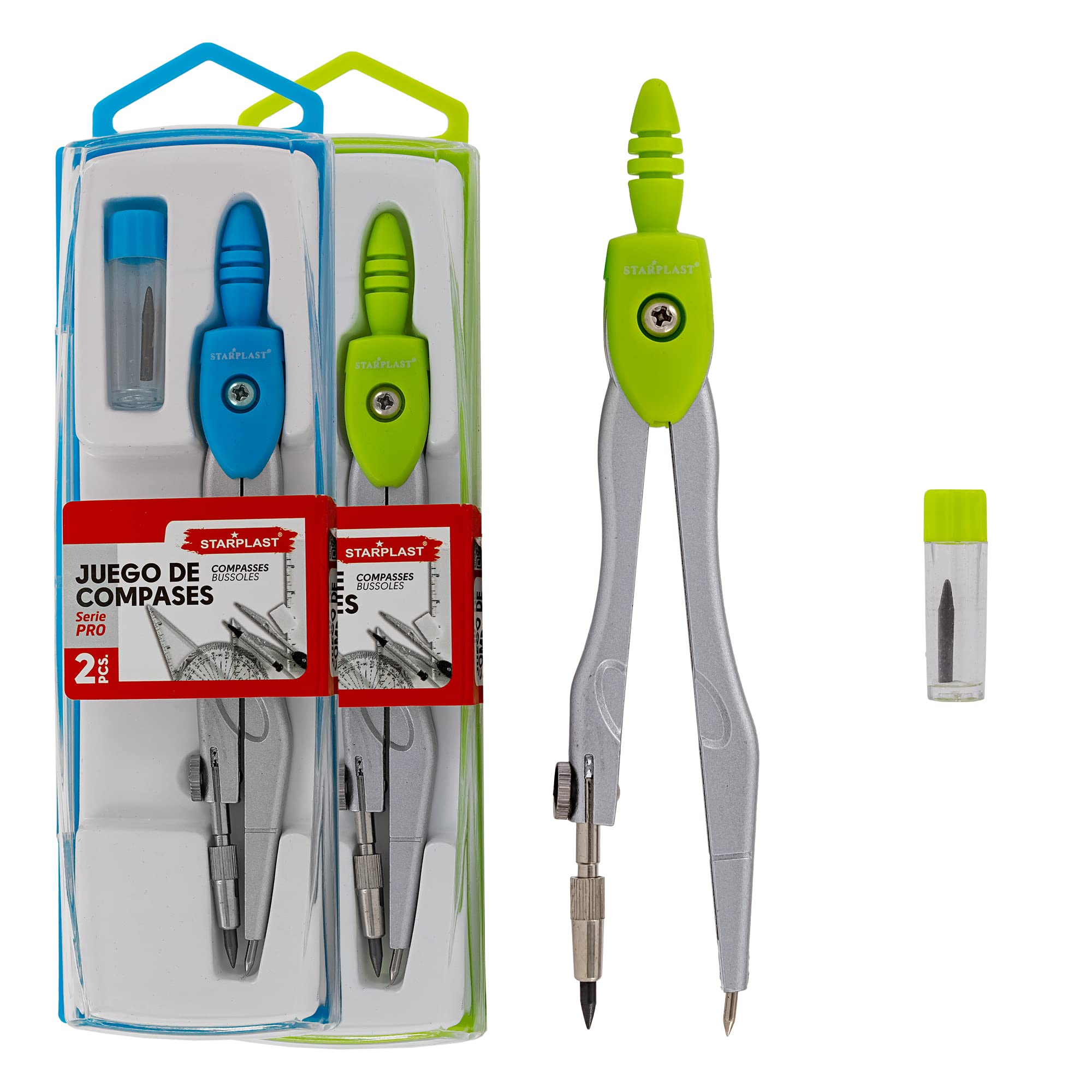 STARPLAST COMPASS SET - 4 Colours, Includes 1 Tube with Mine, Protective Box, for Office or School Use - Pack 2 Assorted