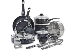 GreenLife Soft Grip Healthy Ceramic Nonstick 16 Piece Kitchen Cookware Pots and Frying Sauce Saute Pans Set, PFAS-Free with Kitchen Utensils and Lid, Dishwasher Safe, Black Diamond