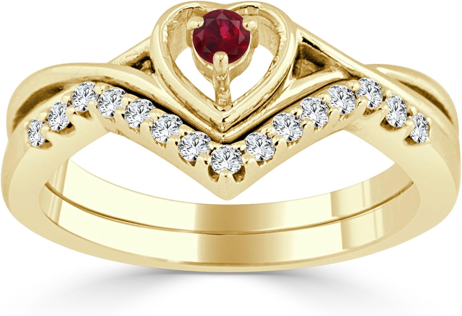 14k Yellow Gold Ruby Diamond Accent Heart Wedding Ring Set (1/4 cttw