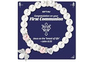GIFT4U First Communion Gifts for Girls - Angel Wings Heart Initial A-Z Pearl Bracelet, First Communion Gifts for Girls Catholic, Teen Girls First Communion Favors for Guests, First Communion Dress Accessories