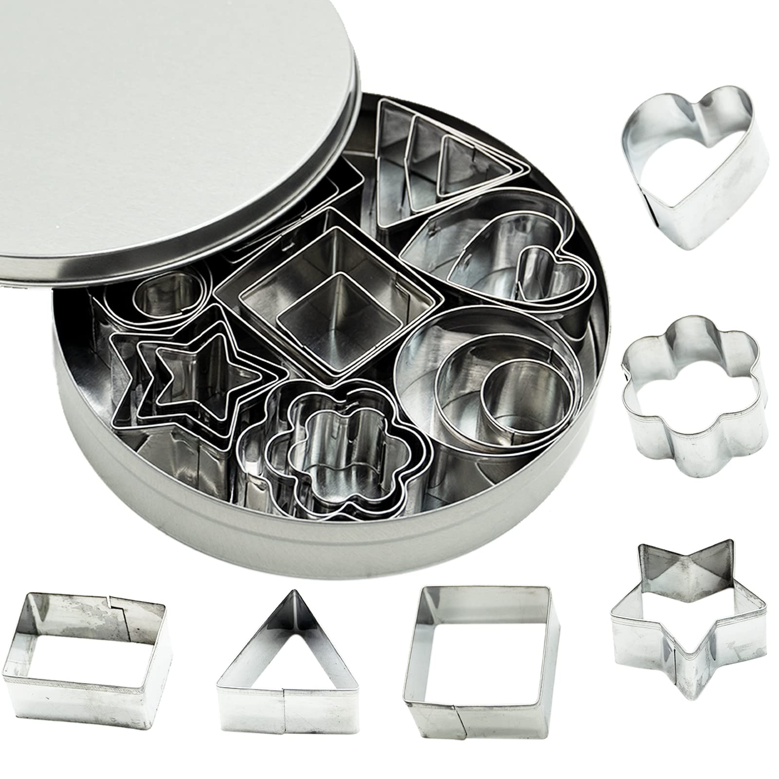 SZXMDKH Cookie Cutter Set 24Pcs Mini Biscuit Pastry Cutters Stainless Steel Heart Star Circle Round Flower Shapes Pastry Baking Mould for Cookie Fondant Cake Decorating