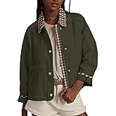 VAOYIU Women Casual Button Front Jacket Loose Plaid Cuffs Collar Trendy Coat with Pockets Spring Autumn Wear