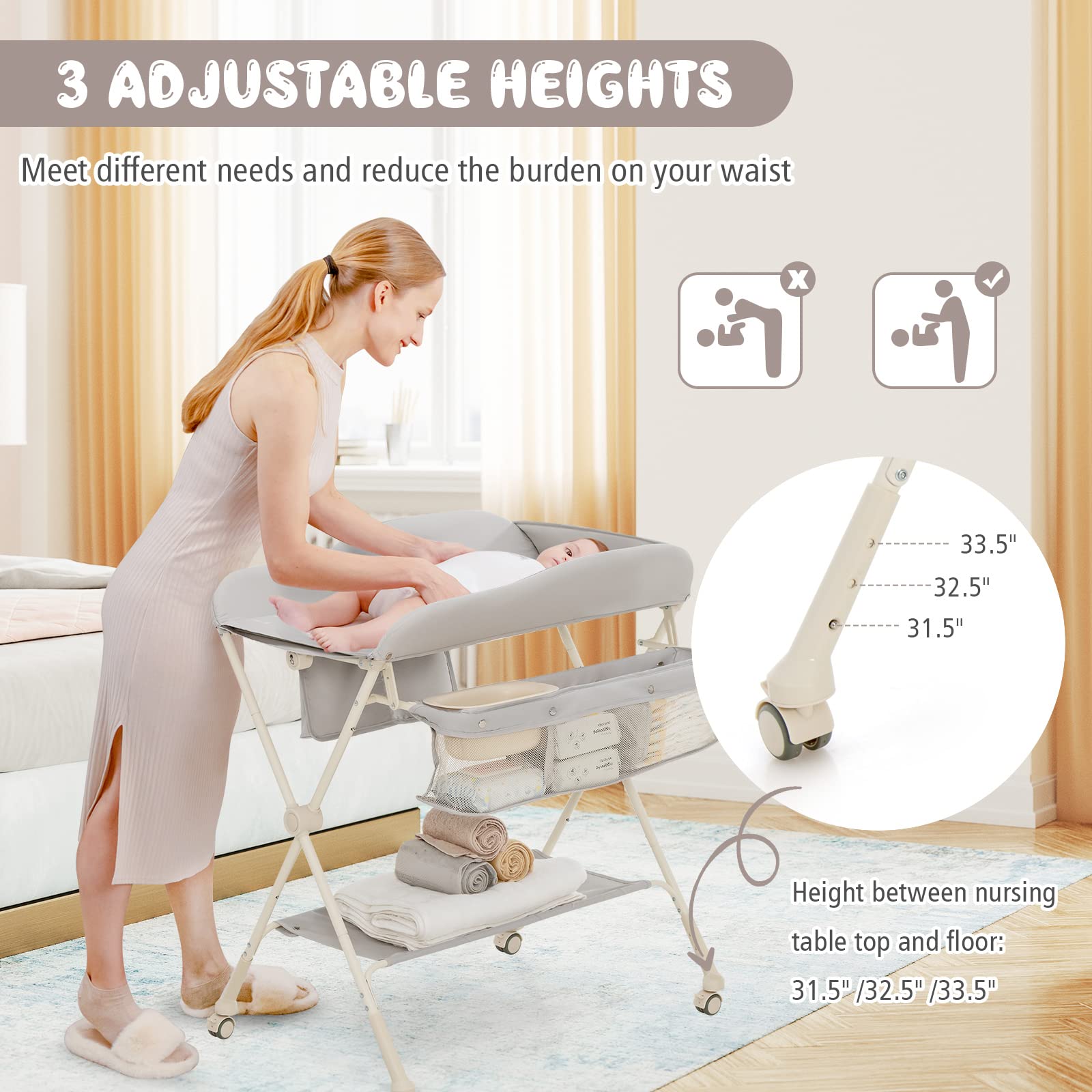 BABY JOY Portable Baby Changing Table, Foldable Diaper Changing Station w/Wheels, Adjustable Height, Large Storage Rack, Water Basin, Safety Belt, Mobile Nursery Organizer for Newborn Infant (Gray)