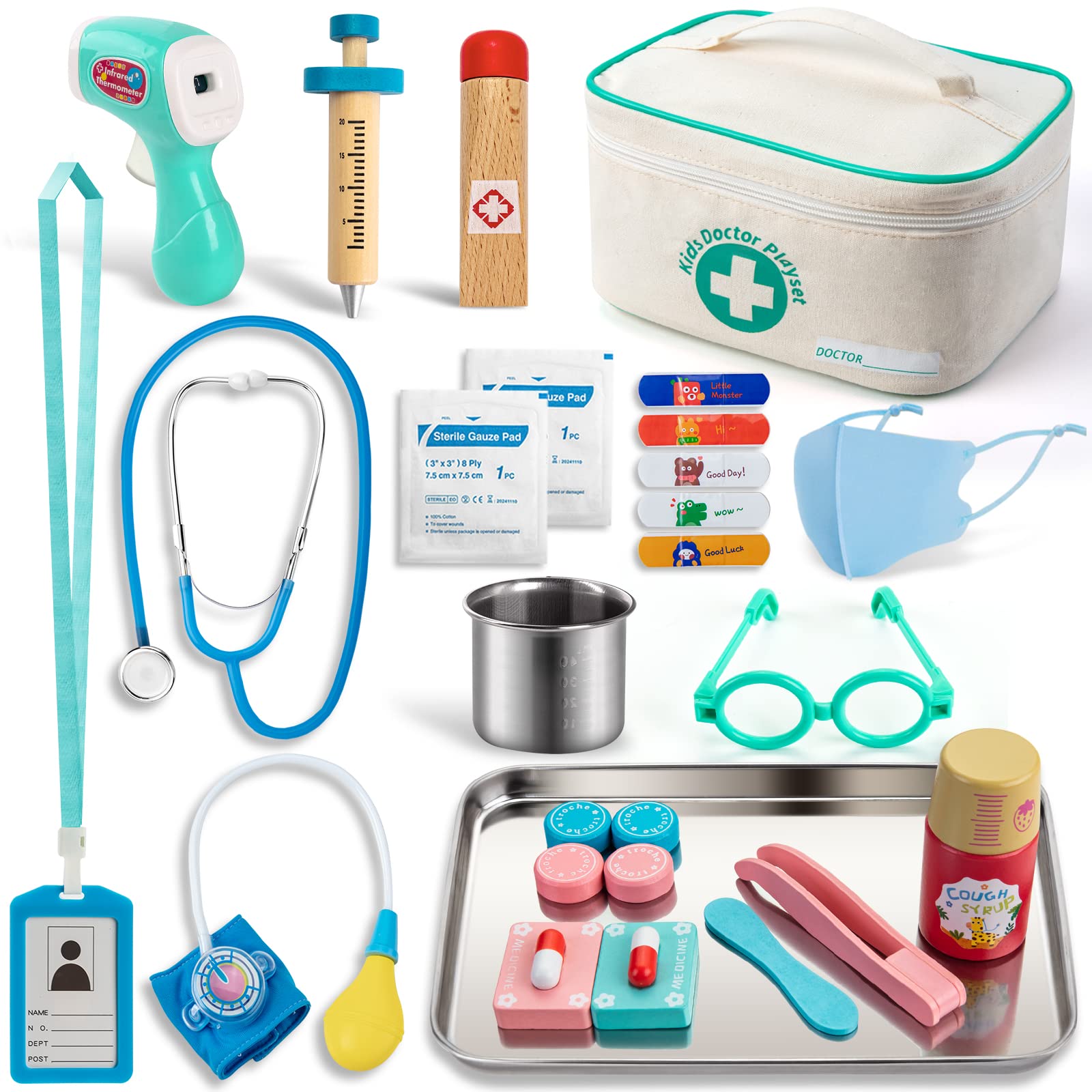 Sundaymot Doctors Set for Kids, with Real Wooden Stethoscope, Thermometer, Syringe and Practical Items for Children Role Play Medical, Gift for ​3 4 5 Years Boys Girls
