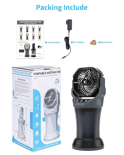 AVV PORTABLE MISTING FAN WITH RGB AMBIENT LIGHT- 2L WATER TANK, 4 SPEEDS & SPRAY MIST FAN, 30000MAH RECHARGEABLE MISTING FANS FOR OUTDOOR/INDOOR FANS FOR CAMPING, PATIO, GARDEN, GREY-BLACK