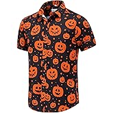 GRTXIN Halloween Shirts for Men Pumpkins Skeleton Shirt Short Sleeve Button Down Dress Shirts