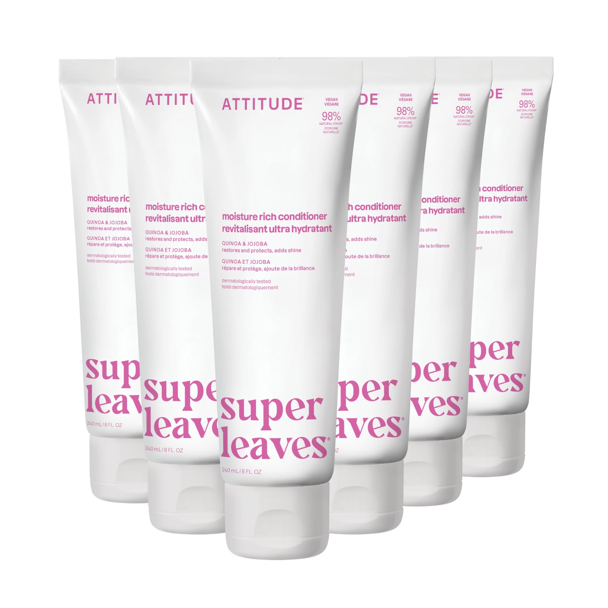 ATTITUDE Moisture Rich Hair Conditioner, For Dry and Damaged Hair, Naturally Derived Ingredients, Vegan Detangler, Dermatologiocally Tested, Quinoa and Jojoba, 240 mL (Pack of 6) Image