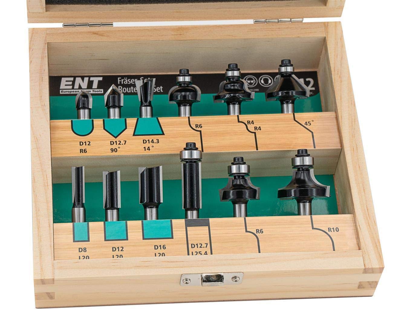 ENT 09012HKB 12-piece Router Bit Set - Carbide - in Wooden Case - Shank 8 mm - 9 Assorted Router Bit Types — image 1