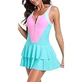 UNIQUEBELLA One Piece Swimsuits for Women Modest Tummy Control Swimwear Color Block Print Athletic Bathing Suits