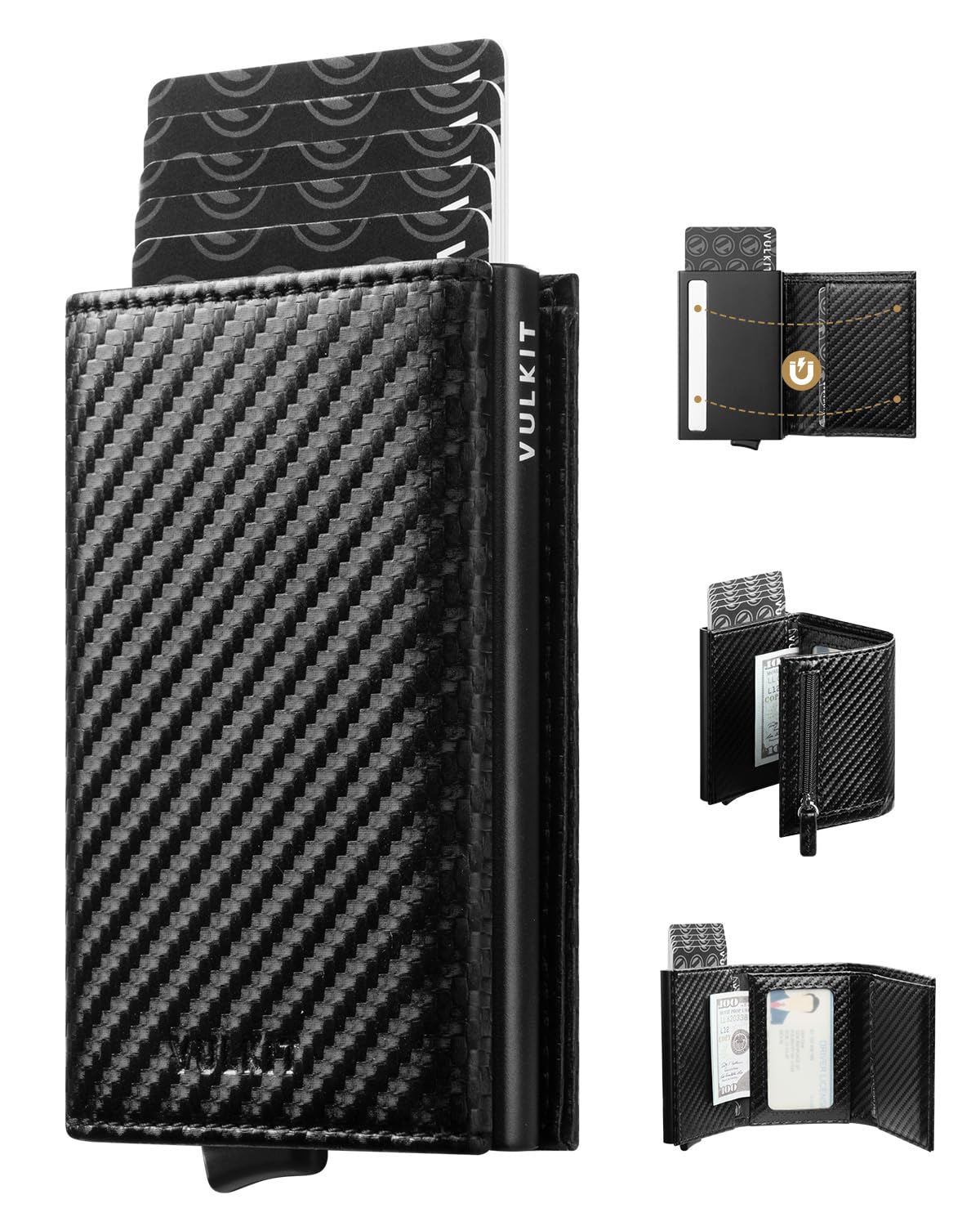 VULKIT Credit Card Holder RFID Blocking Leather Bifold Mens Wallet Automatic Pop Up with Banknote Compartment (Carbonfiber)