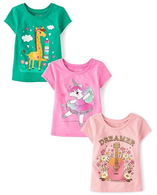 The Children's Place,Baby Girls,and Toddler Animal Short Sleeve Graphic T-Shirts,Multipacks,Giraffe/Unicorn/Guitar 3-Pack,2 Years
