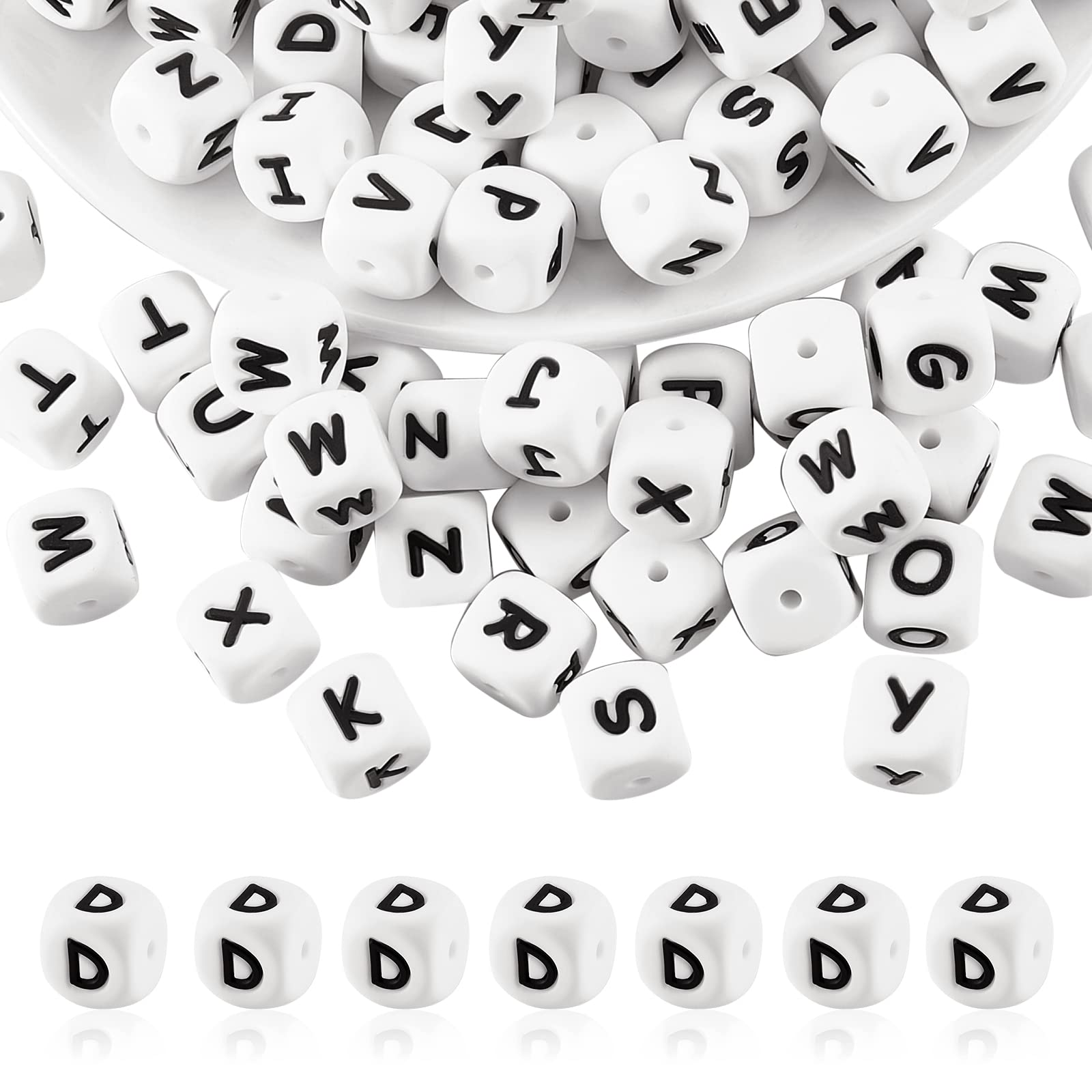 BEEFLYING 20 White Cube Silicone Beads - 12mm Square Dice Alphabet Beads for Bracelet Necklace Making Decoration (Letter D)