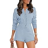 Tankaneo Womens 2 Piece Sweater Sets Casual Fall Outfits Button Down Long Puff Sleeve Knit Cardigan Shorts Loungewear