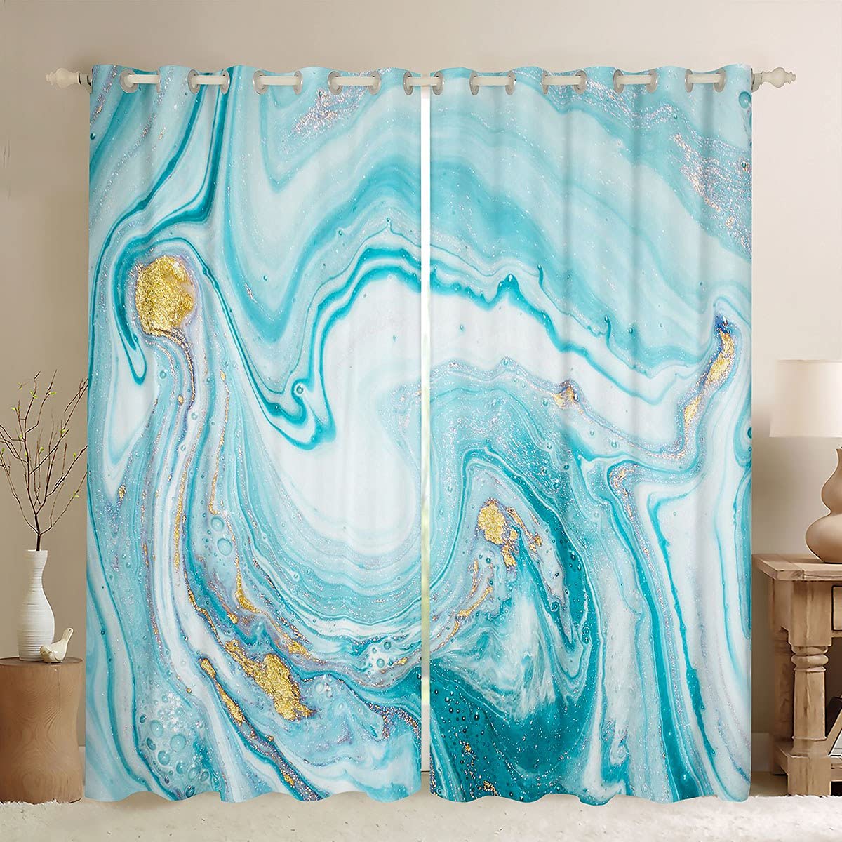 Homemissing Teal Marble Window Curtains For Bedroom Living Aqua Marble Curtains Turquoise Window Drapes For Boys Girls Kids Colorful Abstract Art Treatments,W46*L54