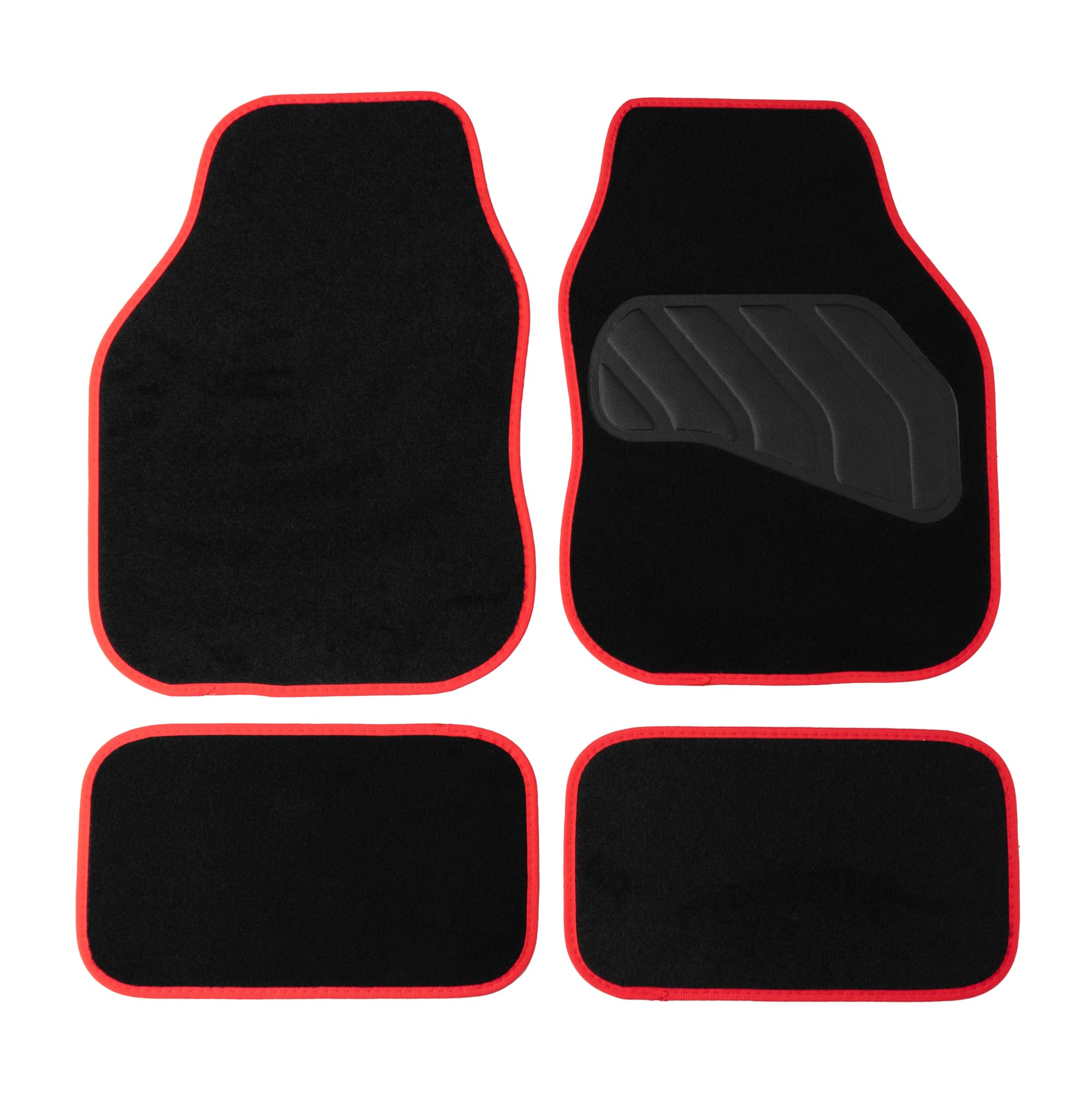 Sakura Floor Mats For Cars SS5466 - 'Pastel' Black Carpet With Red Trim - Full Set Of 4 Universal Fit - Hard-Wearing Pile, Anti-Slip Backing, Heelpad, UK Made.