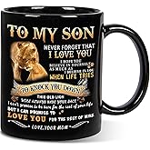 Shqiueos Valentines Day Gifts for Son from Mom-to My Son Lion Mug, Son Birthday Gifts from Mom, I Love You Son, Inspirational Father's Day Christmas Gift for Kids Men Son Adult (11oz)