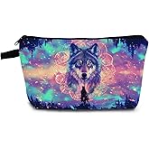 YULUENZE Wolf Presents Floral Wolf Makeup Bag Cute Small Organizer Bag with Zipper Floral Galaxy Wolf Print Cosmetic Bag Birthday Presents for Wolf Lovers Women Friends
